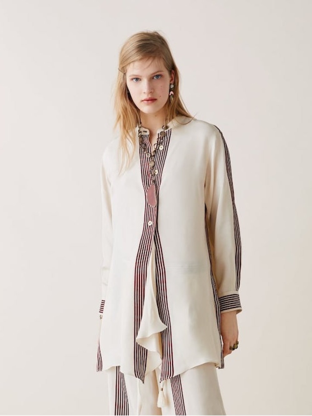Zara Cream Wide-Leg Pants with Brown Stripe Insets
